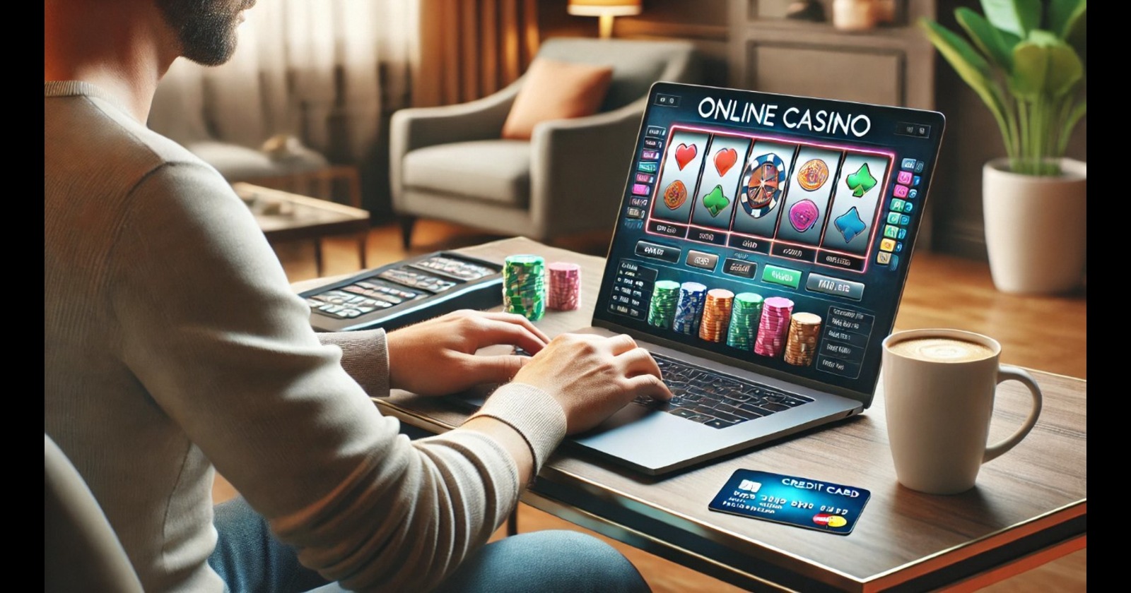 Imagem de uma pessoa jogando em um casino online, utilizando um laptop com diversos fichas e uma xícara de café ao lado, no aconchego de casa.