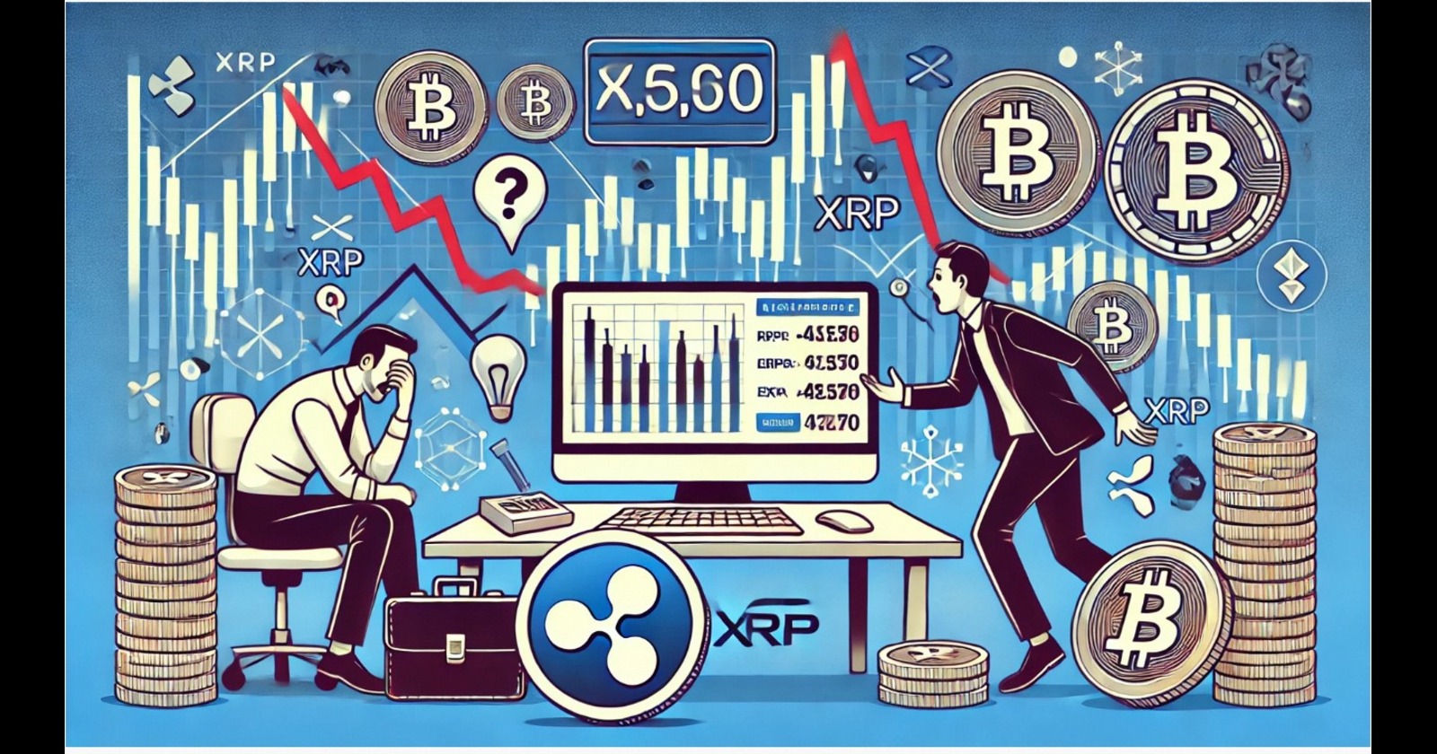 Imagem ilustrativa sobre o mercado de criptomoedas, mostrando gráficos, moedas e profissionais analisando o XRP e Bitcoin. Um homem está sentado, preocupado, enquanto o outro apresenta dados no computador.