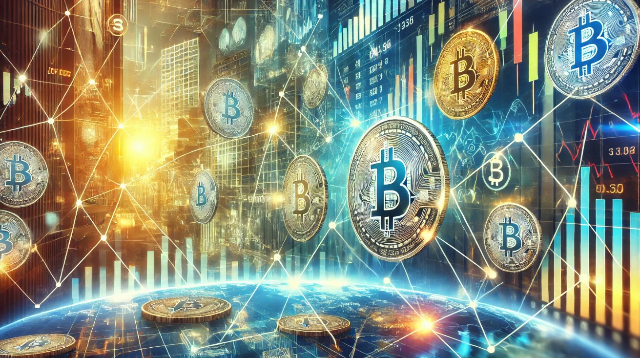 Imagem representativa do mercado de criptomoedas com bitcoins flutuando sobre um gráfico financeiro em um ambiente urbano. Ideal para entender a dinâmica das finanças digitais.