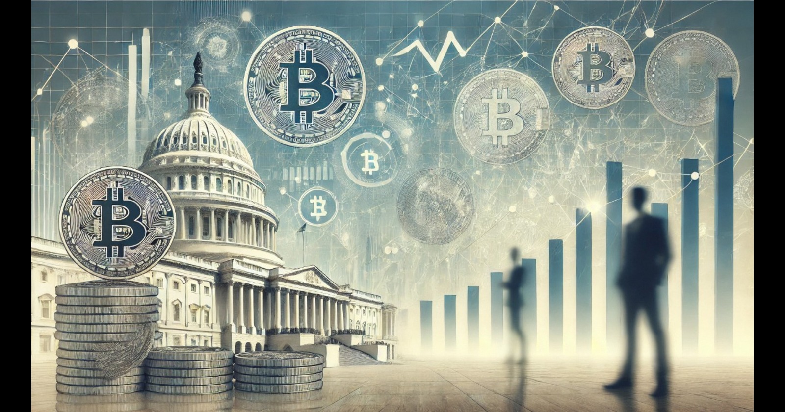 Imagem conceitual sobre Bitcoin com a Casa Branca ao fundo. A imagem exibe gráficos de crescimento e moedas de Bitcoin, simbolizando o mercado financeiro digital, politicas Trump e favorecimento a token como Wall Street Pepe