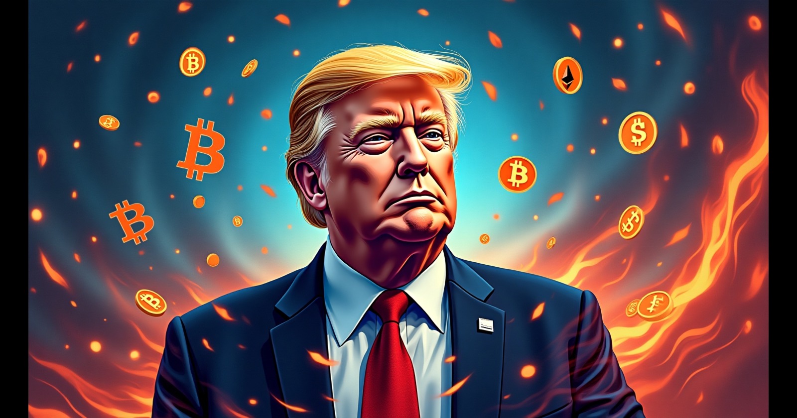 Imagem de Trump em um fundo com símbolos de criptomoedas como Bitcoin e Ethereum, representando o impacto das finanças digitais.