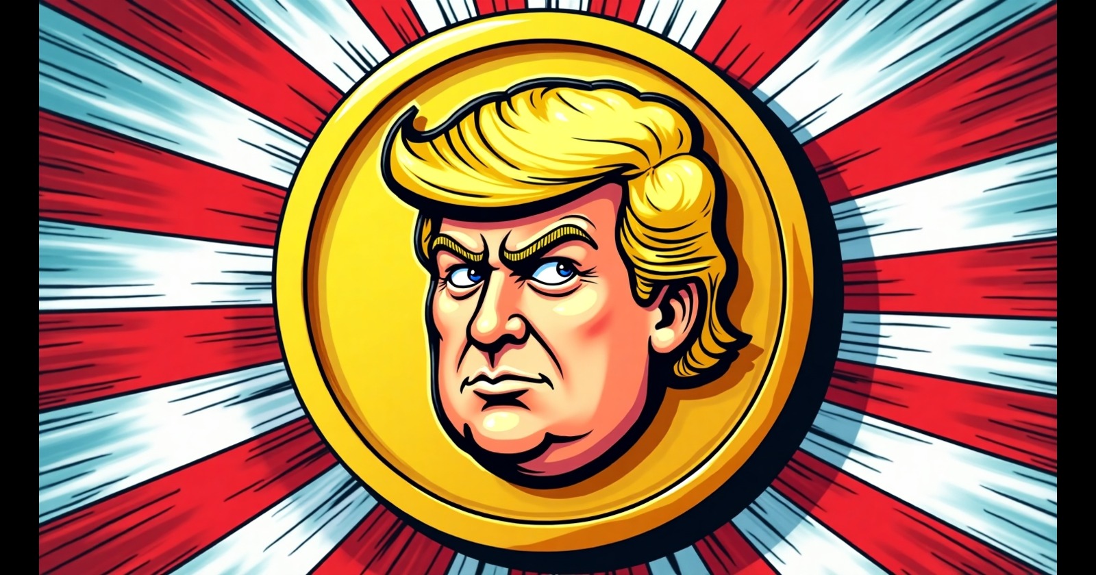 Ilustração estilizada do ex-presidente dos Estados Unidos, Donald Trump, com fundo colorido em estilo pop art, em referencia a noticia que lança sua memecoin