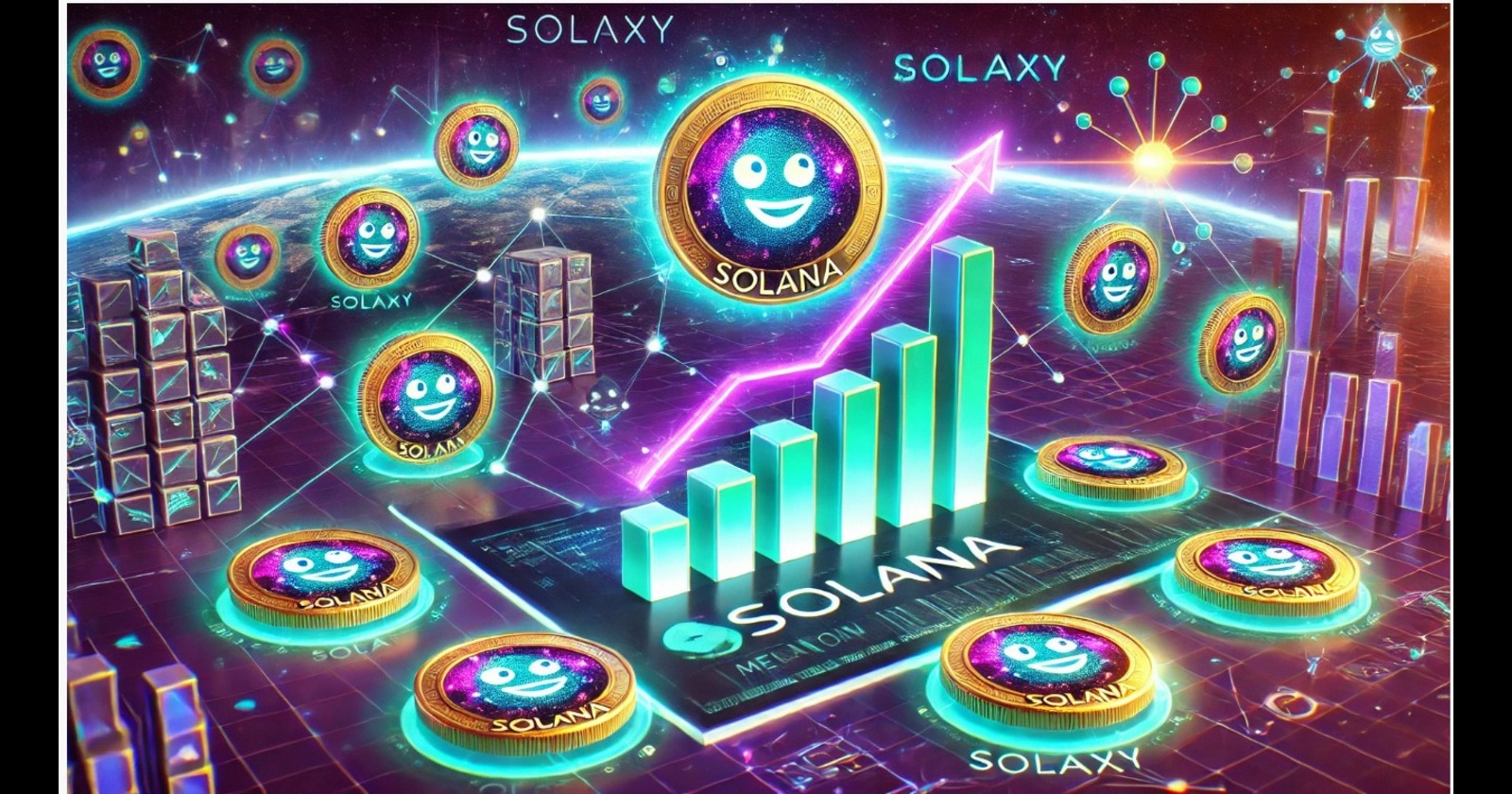 Imagem representativa do crescimento do mercado financeiro digital com as moedas Solana e Solaxy. Gráfico ascendendo em um ambiente futurista. Ilustra a valorização das criptomoedas.