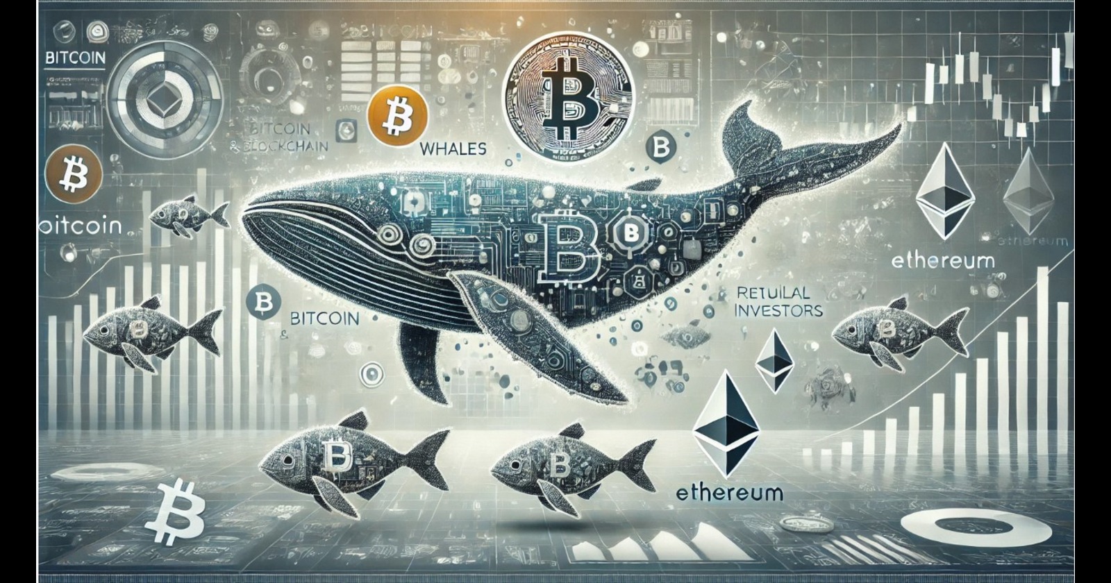 Imagem ilustrativa sobre o mercado de criptomoedas, mostrando uma baleia e peixes que representam investidores em Bitcoin e Ethereum, com gráficos financeiros ao fundo.