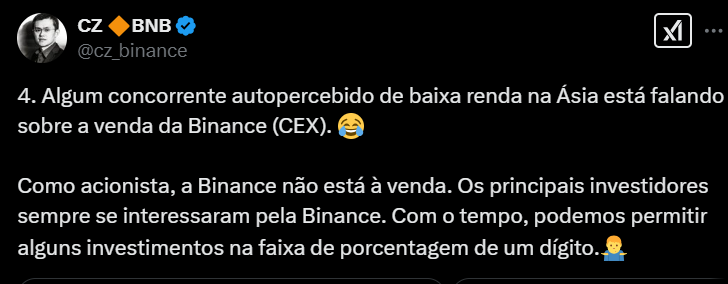 На твиттере Чанпенг Чжао (CZ), генеральный директор Binance, опровергает слухи о продаже компании. Он упоминает, что конкурент, который считается меньшей актуальностью, комментирует это, смеясь над ситуацией. CZ говорит, что как акционер, Binance не продается и что основные инвесторы всегда проявляли интерес к платформе. Это также предполагает, что в будущем может быть возможность разрешить некоторые незначительные инвестиции с точки зрения процента.