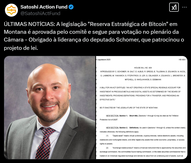 O tweet do Satoshi Action Fund informa que a legislação chamada "Reserva Estratégica de Bitcoin" em Montana foi aprovada por um comitê e agora está pronta para votação na Câmara. O deputado Schomer é destacado como o líder que patrocinou este projeto de lei. A imagem inclui uma foto do deputado Schomer ao lado de um documento do projeto de lei, onde estão expostas as definições e seções relevantes do texto legislativo.