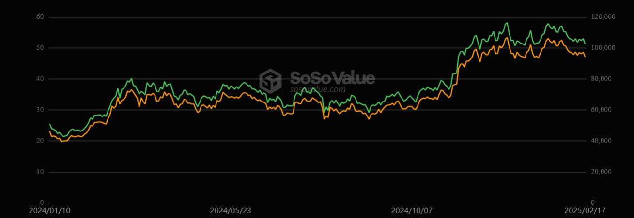 O gráfico exibe a evolução dos valores do Bitcoin e das ações do Bitwise ETF ao longo do tempo, de janeiro de 2024 a fevereiro de 2025. A linha verde representa o valor do Bitcoin, que apresenta um crescimento constante, iniciando em torno de 20 e atingindo picos acima de 50, indicando um desempenho positivo e consistente. Por outro lado, a linha laranja reflete o valor das ações do Bitwise ETF, começando abaixo da verde, em torno de 10, e mostrando um crescimento acentuado, com algumas oscilações, até alcançar aproximadamente 100. Enquanto a linha verde mantém um padrão estável, a laranja demonstra um aumento mais intenso em determinados momentos, destacando a valorização dos ativos representados em um fundo preto que ressalta suas trajetórias ascendentes.