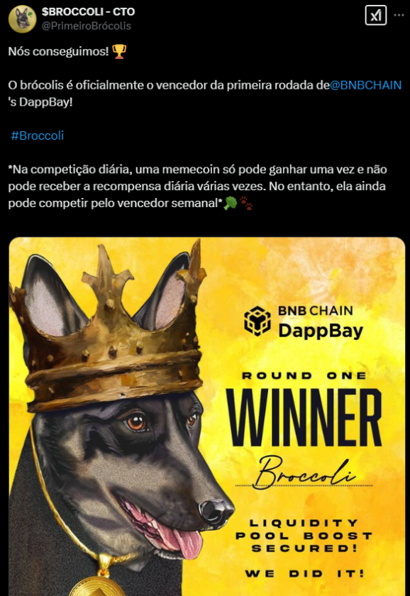 No tweet, o perfil $BROCCOLI celebra a vitória do token Brócolis na primeira rodada da competição DappBay da BNB Chain. O tweet dá destaque ao sucesso do projeto, acompanhando um emoji de troféu. O texto explica que, durante a competição diária, uma meme coin só pode reivindicar o prêmio uma vez, mas ainda pode competir pelo título de “vencedor semanal”. A imagem que acompanha o tweet apresenta um cachorro com uma coroa, simbolizando a vitória, em um fundo vibrante que destaca a palavra "WINNER" em letras grandes, enfatizando a conquista.