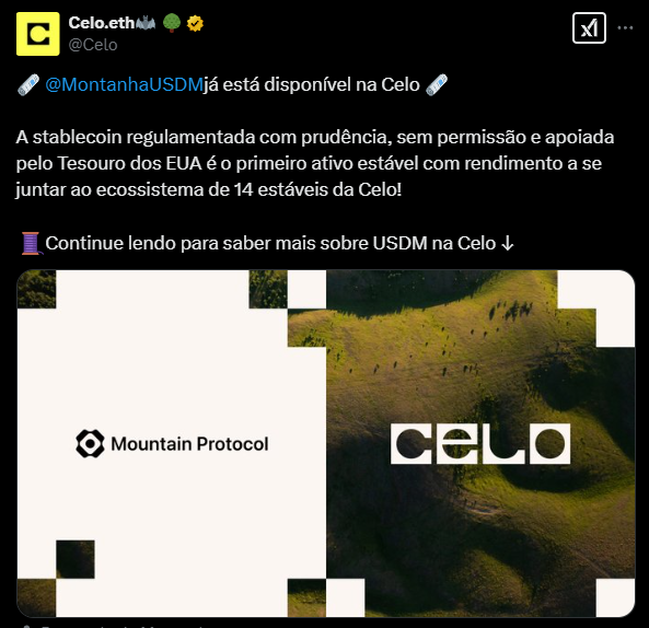 A imagem apresenta os logotipos do Mountain Protocol e da Celo em um fundo de paisagens naturais, simbolizando inovação e conexão com o ecossistema financeiro digital. O texto destaca a disponibilidade do USDM, uma stablecoin regulamentada e apoiada pelo Tesouro dos EUA, como o primeiro ativo estável com rendimento a integrar a plataforma Celo, conhecida por sua abordagem de finanças descentralizadas.