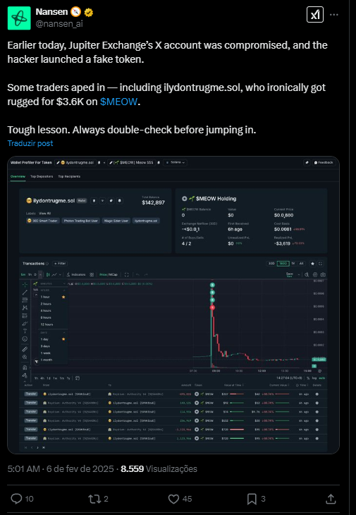 Conta da Jupiter é hackeada e promove memecoin