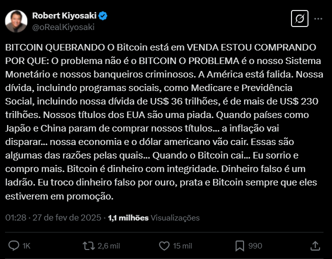 A imagem contém um tweet de Robert Kiyosaki, autor de Pai Rico, Pai Pobre, no qual ele afirma: "Bitcoin está em venda. Estou comprando." Kiyosaki explica que o problema não é o Bitcoin, mas sim o sistema monetário atual, que ele descreve como controlado por "banqueiros criminosos". Ele critica a situação financeira dos Estados Unidos, destacando que a dívida nacional, incluindo programas sociais como Medicare e Previdência Social, ultrapassa 230 trilhões de dólares. Kiyosaki também menciona que os títulos do Tesouro americano estão perdendo credibilidade, especialmente com países como Japão e China reduzindo suas compras, o que pode levar a uma inflação descontrolada e ao colapso do dólar americano. Ele defende o Bitcoin como "dinheiro com integridade" e afirma que aproveita as quedas do preço para comprar mais, trocando "dinheiro falso" por ouro, prata e Bitcoin. O tweet foi postado em 27 de fevereiro de 2025, às 01:28.