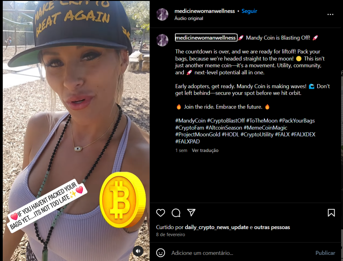 Uma mulher sorridente e animada está em um parque, usando um chapéu preto com a frase em amarelo 'Make Crypto Great Again'. Ela está vestida casualmente, com uma camiseta regata, e possui colares. No canto da imagem, há um ícone de moeda virtual em ouro, simbolizando o Bitcoin. A expressão dela transmite entusiasmo e confiança, enquanto ela fala sobre uma nova moeda chamada Mandy Coin, encorajando os espectadores a aproveitarem a oportunidade de investimento.