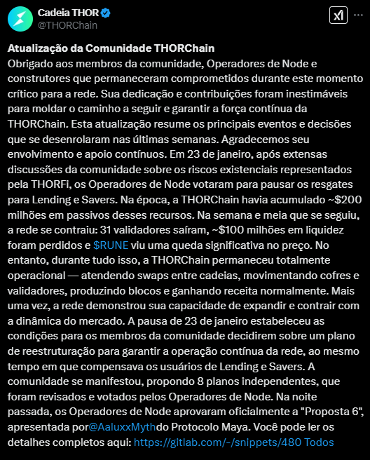 Un réseau de Thorchain tweet qui remercie les opérateurs et constructeurs de nœuds pour leur soutien à un moment critique, tout en discutant de la pause de rachat en raison d'une responsabilité d'environ 200 millions de dollars et de la présentation d'un plan de restructuration avec 8 propositions.