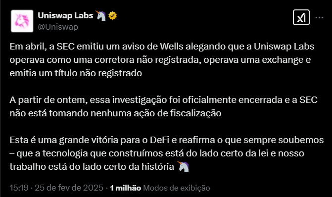 A imagem mostra uma captura de tela de uma publicação relacionada à Uniswap e à SEC. O texto na imagem informa que, em abril, a SEC emitiu um aviso de Wells alegando que a Uniswap Labs operava como uma corretora não registrada, uma exchange e emitia um título não registrado. A partir de 25 de fevereiro de 2025, a investigação foi oficialmente encerrada, e a SEC não está tomando nenhuma ação de fiscalização. A publicação descreve isso como uma grande vitória para o DeFi, reafirmando que a tecnologia desenvolvida pela Uniswap está em conformidade com a lei e que seu trabalho está alinhado com o progresso histórico. A publicação foi visualizada 1 milhão de vezes.