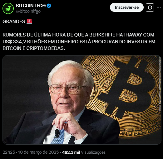 A imagem mostra uma captura de tela de uma publicação nas redes sociais com o título "GRANDES" em letras maiúsculas. Abaixo do título, há um texto que diz: "RUMORES DE ÚLTIMA HORA DE QUE A BERKSHIRE HATHAWAY COM US$ 334,2 BILHÕES EM DINHEIRO ESTÁ PROCURANDO INVESTIR EM BITCOIN E CRIPTOMOEDAS." A publicação foi feita às 22h25 do dia 10 de março de 2025 e já teve 482,3 mil visualizações. O fundo da imagem é escuro, com o texto em branco, destacando a informação sobre os rumores de investimento da Berkshire Hathaway no mercado de criptomoedas.