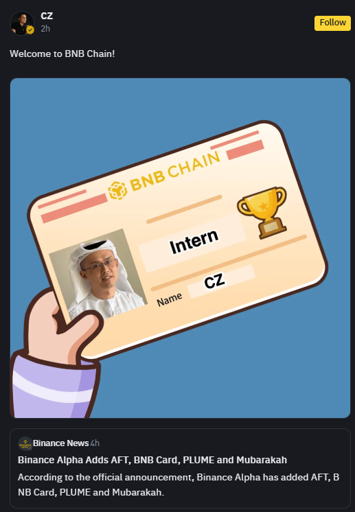 A imagem mostra uma tela com a interface da BNB Chain. No topo, há a mensagem "Welcome to BNB Chain!" seguida pelo logotipo da BNB Chain. Abaixo, há um cartão corporativo simulado com a foto de CZ (Changpeng Zhao), fundador da Binance, e as informações: "Intern", "Name CZ". Na parte inferior da tela, há uma notificação intitulada "Binance News (1)", que informa: "Binance Alpha Adds AFT, BNB Card, PLUME and Mubarakah. According to the official announcement, Binance Alpha has added AFT, BNB Card, PLUME and Mubarakah." A imagem reflete o anúncio de novas listagens na plataforma Binance Alpha, incluindo a memecoin Mubarakah, que ganhou destaque recentemente.