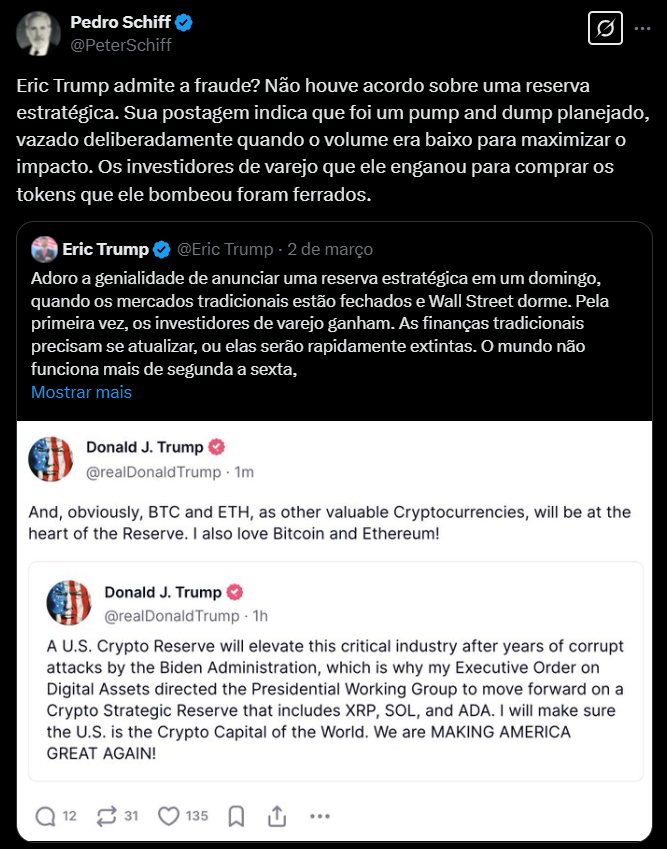 A imagem contém capturas de tela de postagens no Twitter. A primeira postagem é de Pedro Schiff, que critica Eric Trump por supostamente admitir uma fraude relacionada a uma reserva estratégica de criptomoedas, sugerindo que foi um esquema de "pump and dump" planejado para enganar investidores de varejo. A segunda postagem é de Eric Trump, que elogia o anúncio de uma reserva estratégica em um domingo, afirmando que isso beneficia investidores de varejo e desafia as finanças tradicionais. As próximas postagens são de Donald J. Trump, que expressa apoio a criptomoedas como Bitcoin e Ethereum, e anuncia a criação de uma Reserva Cripto dos EUA, incluindo moedas como XRP, SOL e ADA, com o objetivo de tornar os EUA a capital mundial das criptomoedas.