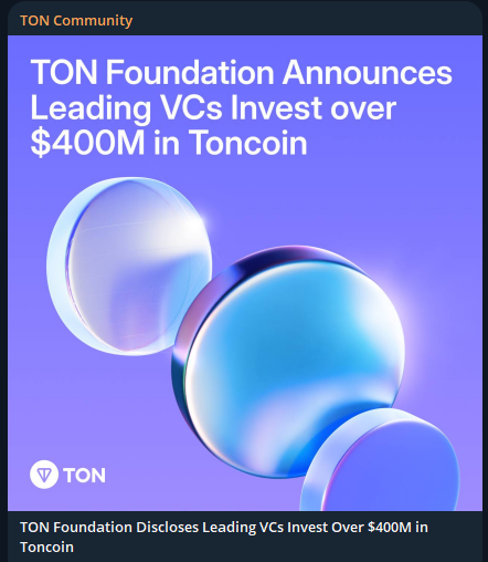 De afbeelding toont een schermopname met de titel "Ton gemeenschap" bovenaan. Hieronder is een advertentie van ton foundation die zegt: "Toonaangevende VC's investeren meer dan $ 400 miljoen in Toncoin". De tekst gaat verder met "Ton Foundation onthult vooraanstaande VC's meer dan $ 400 miljoen in"wat aangeeft dat toonaangevende kapitaalfondsen meer dan $ 400 miljoen in Toncoin hebben geïnvesteerd. De afbeelding heeft een donkere achtergrond met lege tekst en benadrukt het belang van investeren in het ton -ecosysteem.