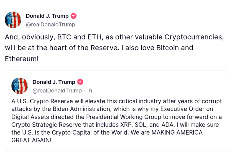 A imagem mostra dois tweets publicados por Donald J. Trump em sua conta no X (antigo Twitter). No primeiro tweet, ele afirma que Bitcoin (BTC) e Ethereum (ETH), assim como outras criptomoedas valiosas, estarão no centro da Reserva Estratégica de Criptomoedas dos Estados Unidos. Ele também expressa seu apreço por Bitcoin e Ethereum. No segundo tweet, Trump menciona que a Reserva de Criptomoedas dos EUA elevará a indústria após anos de ataques corruptos da administração Biden. Ele destaca que sua Ordem Executiva sobre Ativos Digitais direcionou o Grupo de Trabalho Presidencial a avançar com uma Reserva Estratégica de Criptomoedas que inclui XRP, SOL e ADA. Trump finaliza afirmando que fará dos EUA a Capital Mundial das Criptomoedas e reitera seu slogan "MAKING AMERICA GREAT AGAIN". Os tweets foram publicados há 1 hora no momento da captura de tela.